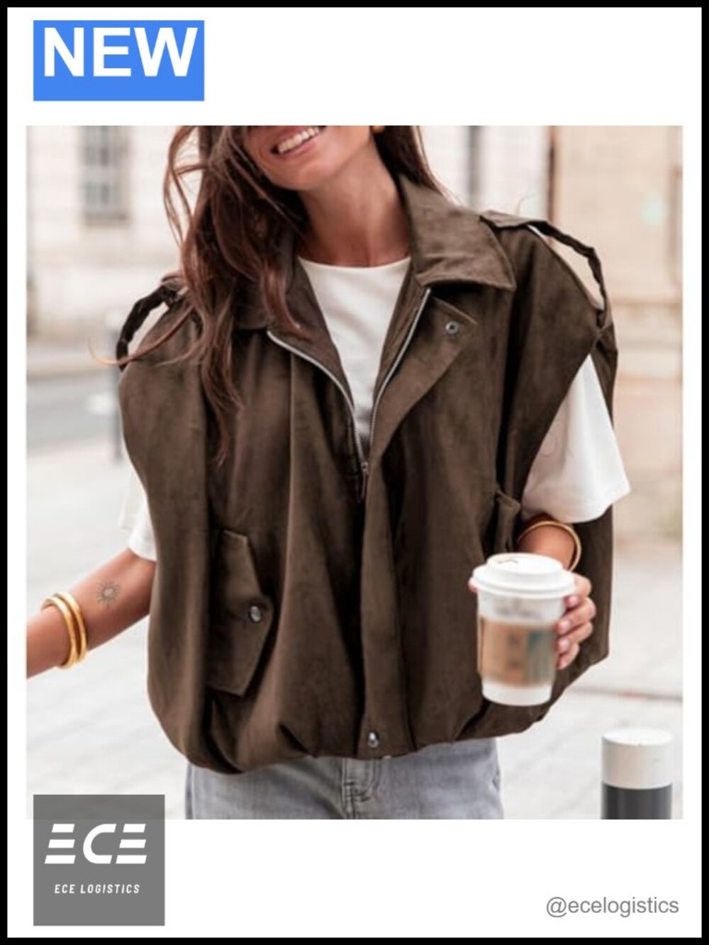 Faux Suede Vest Oversized Cap Sleeve Bomber Jacket Casual Lapel Collar - Picture 3 of 6